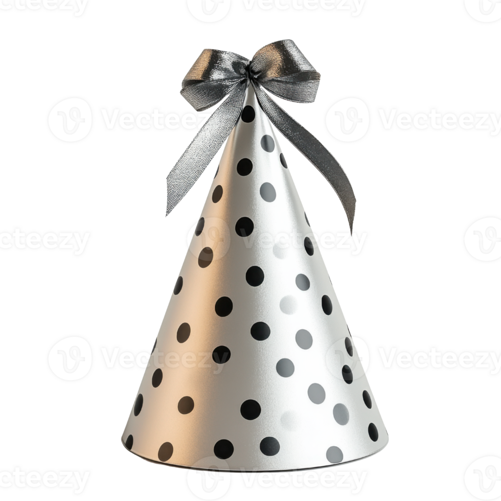 festive party hat with black polka dots and silver ribbon, perfect for celebrations and gatherings png