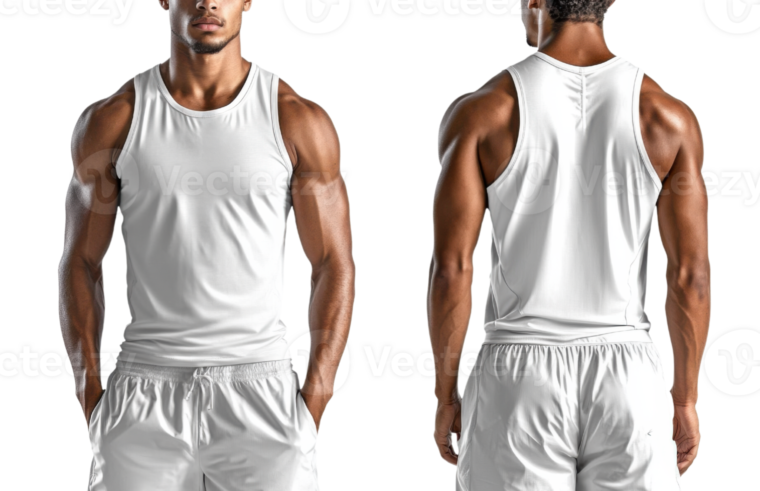Athletic man wearing white tank top and shorts, showcasing fit physique from front and back views png