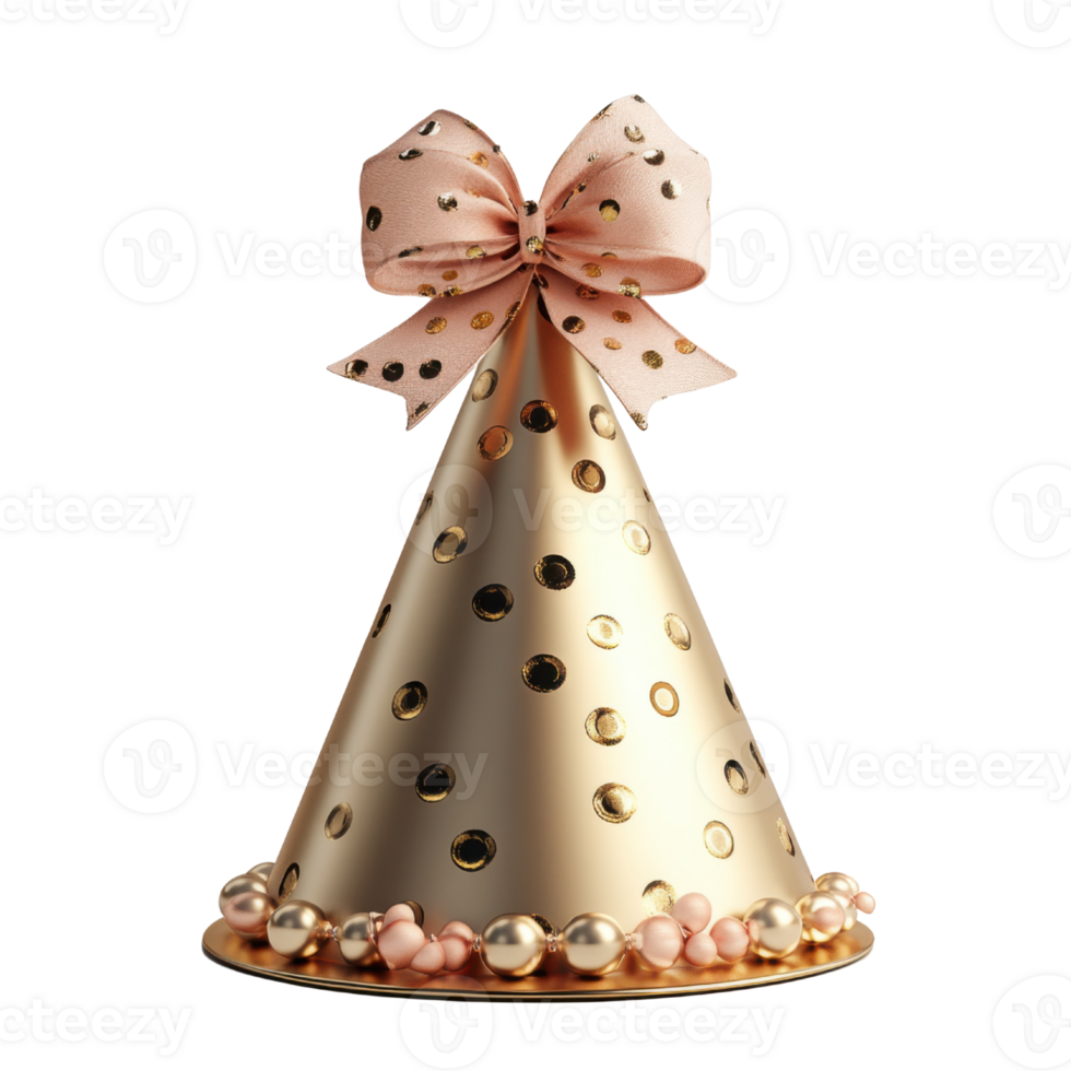 Golden party hat with pink bow and decorative beads png