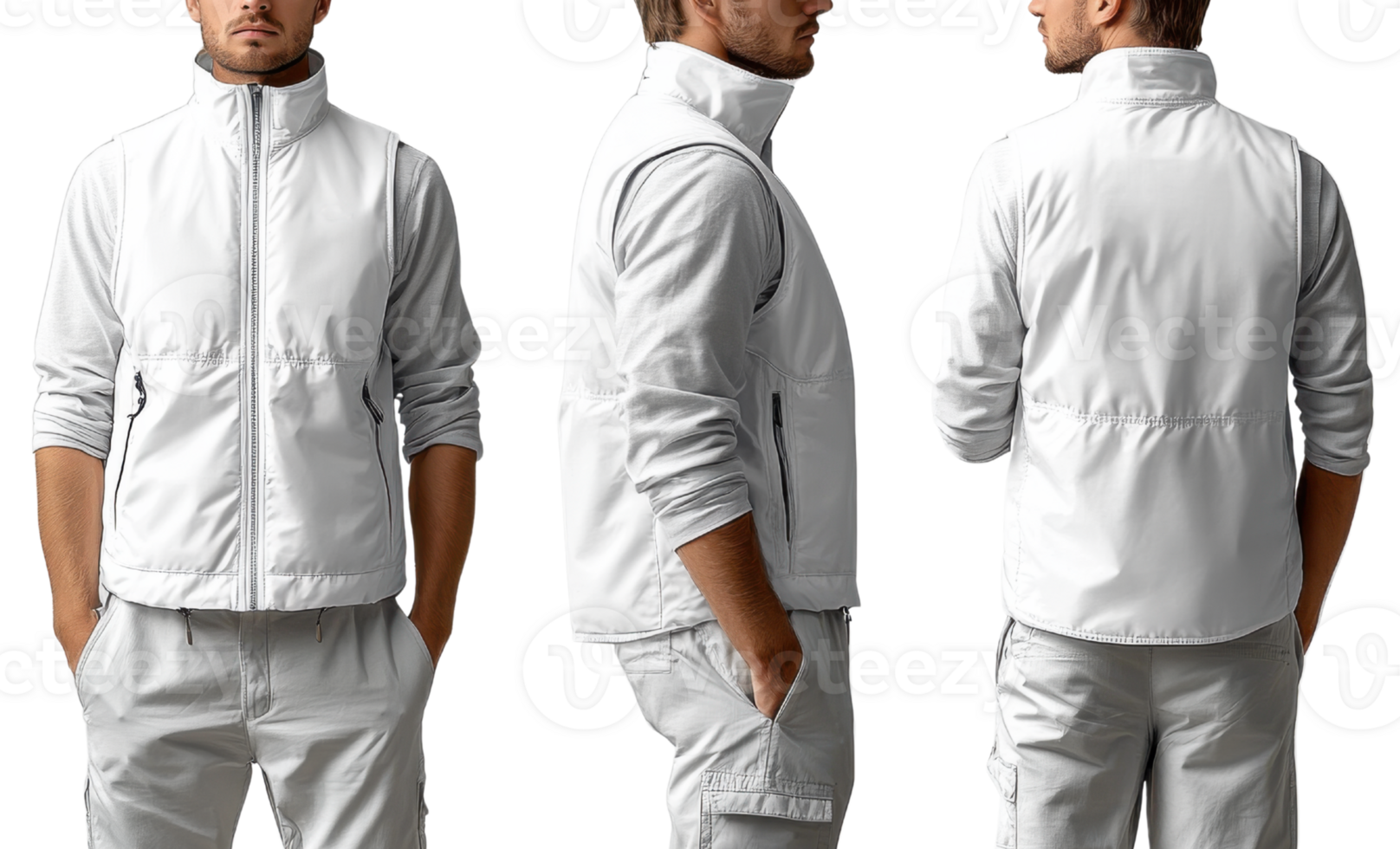 Stylish white vest for men, perfect for casual or outdoor wear. Versatile and comfortable, ideal for layering in various settings png