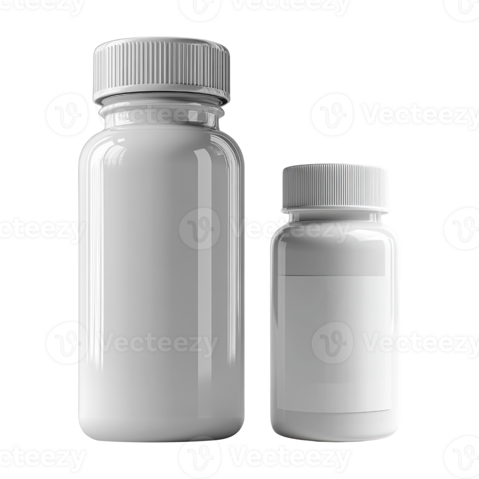 Empty white bottles for supplements or pharmaceuticals, showcasing clean design. Ideal for product packaging or branding concepts png