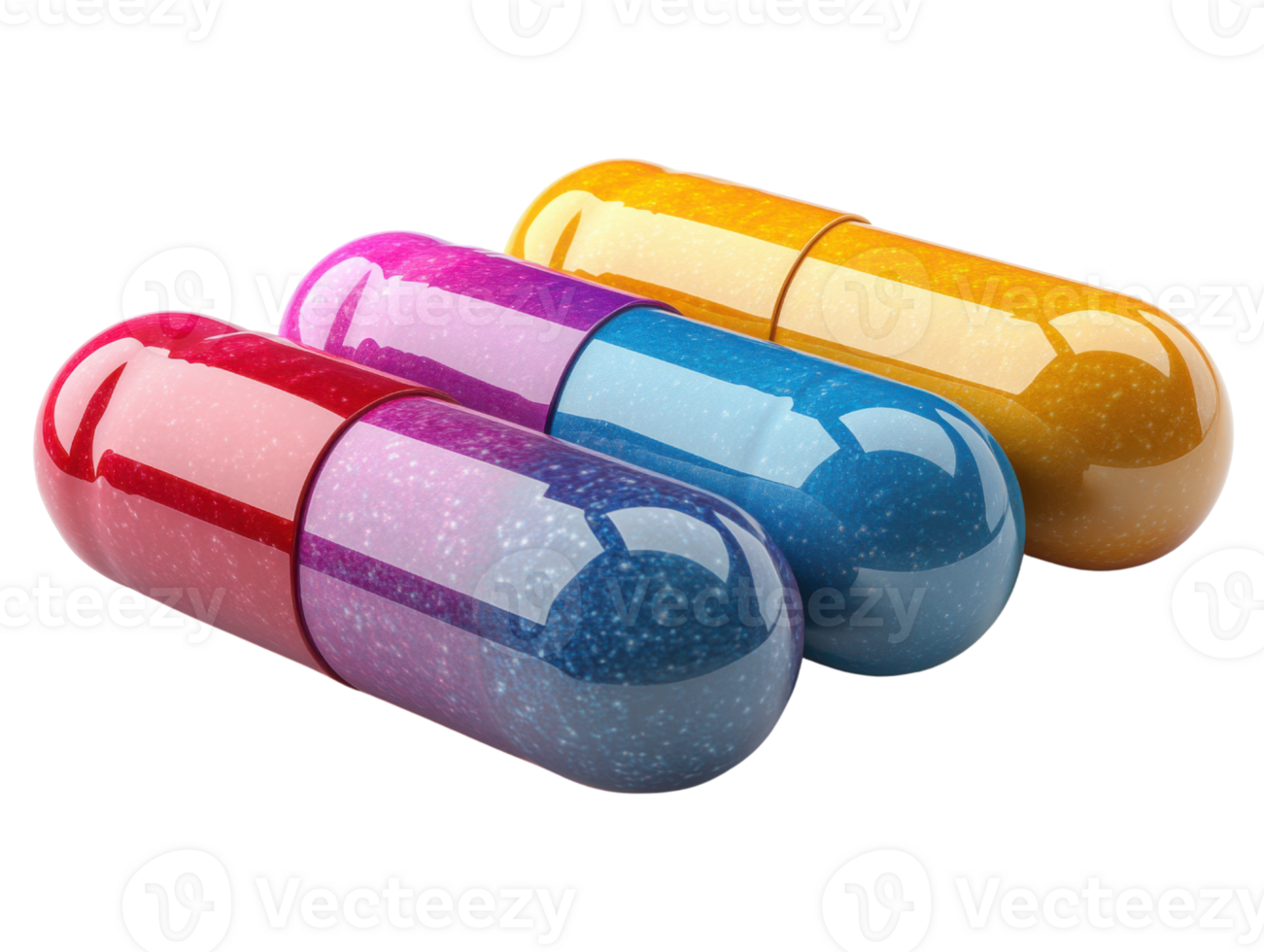 Colorful capsules in vibrant shades of red, pink, blue, and yellow, showcasing glossy finish and sparkling texture png