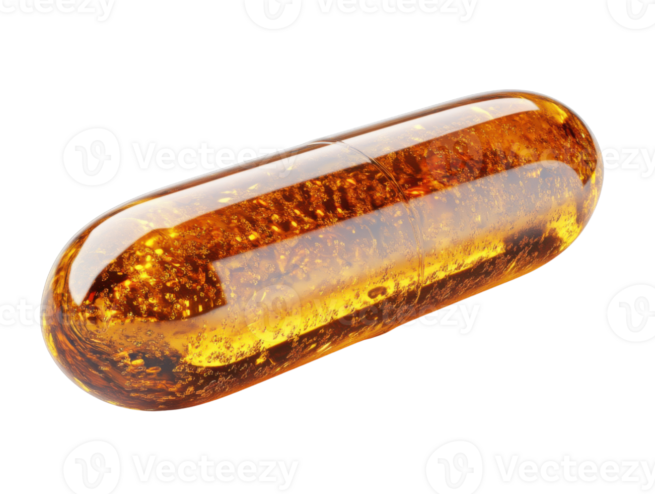 transparent amber capsule filled with golden substance, showcasing its glossy surface and intricate details png