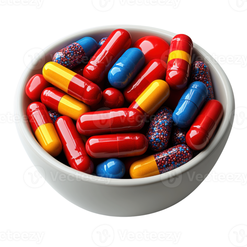 Colorful capsules and pills in bowl of liquid, showcasing vibrant hues and textures. This evokes sense of health and wellness png