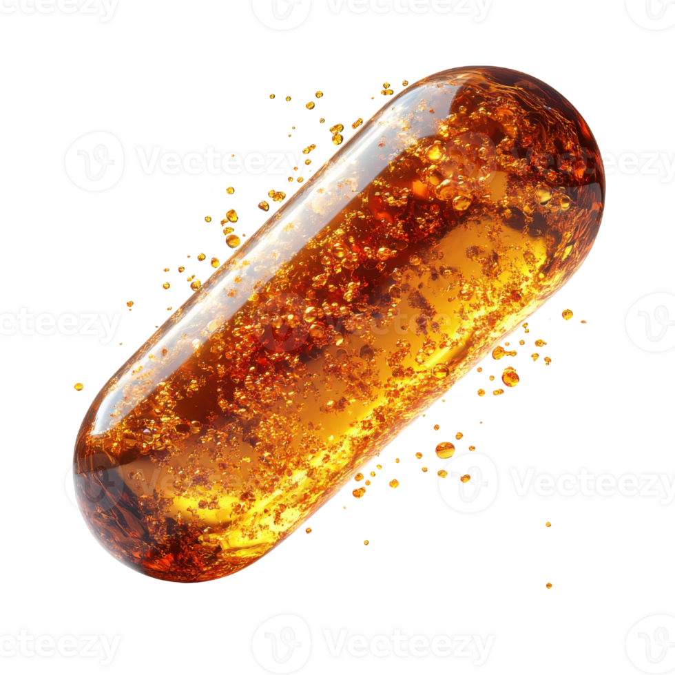 transparent capsule filled with golden liquid and bubbles, creating dynamic visual effect png