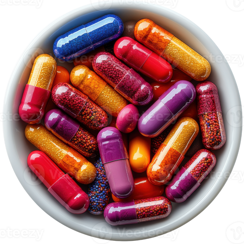Colorful capsules in white bowl, showcasing various shapes and sizes, evoke sense of vibrancy and health png