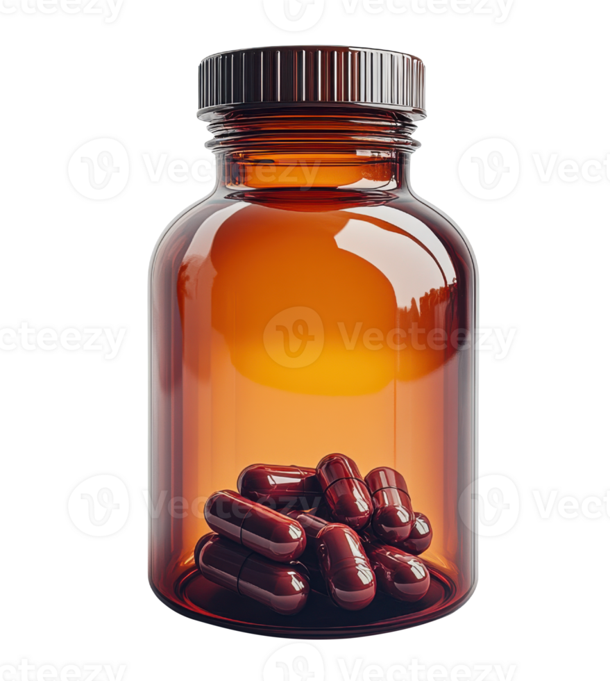 clear glass bottle filled with red capsules, showcasing health and wellness png