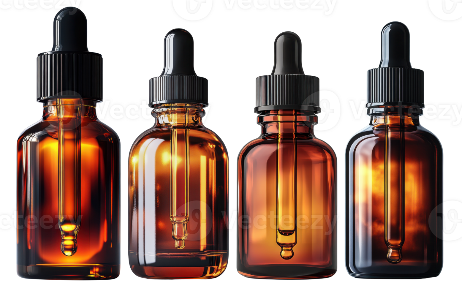 Amber glass dropper bottles in various sizes and shapes, ideal for essential oils or serums png