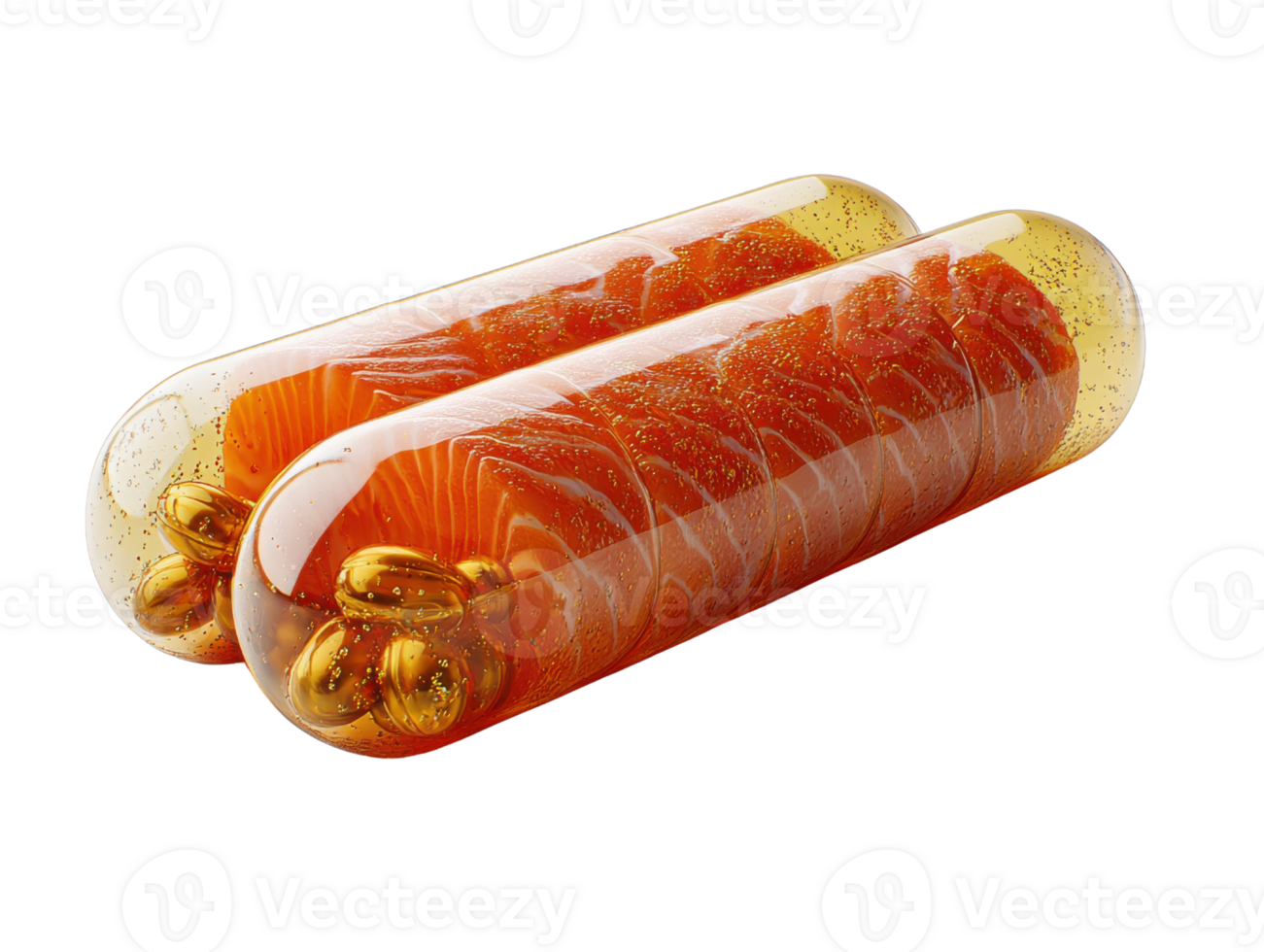 Delicious salmon fillets in transparent capsule with golden accents, showcasing freshness and quality png