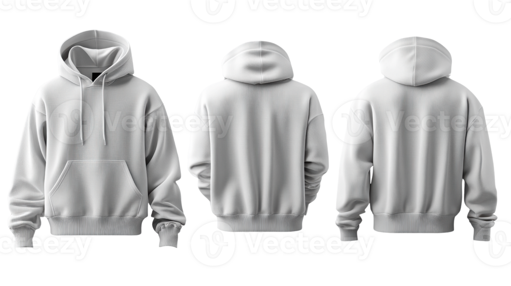 gray hoodie with front pocket, showcasing three angles front, back, and side png