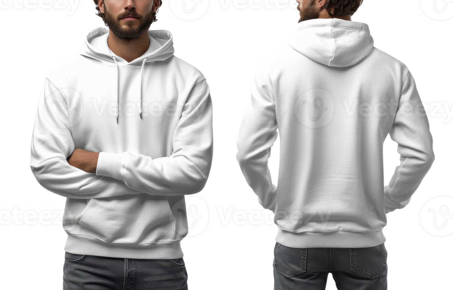 White hoodie on male model, front and back view, casual style png