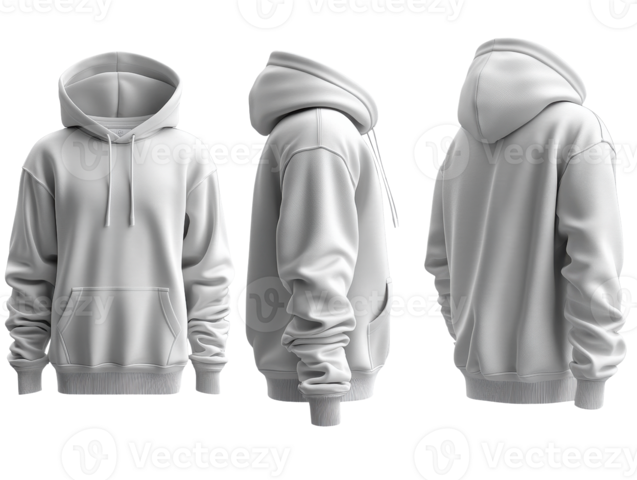 plain white hoodie displayed from multiple angles, showcasing its design and fit png
