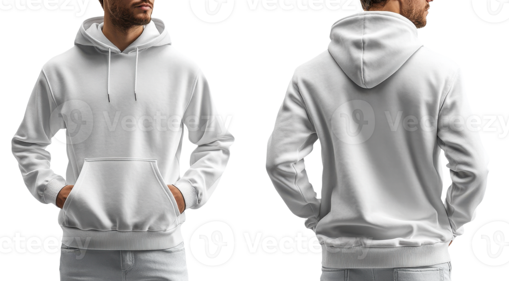 stylish white hoodie worn by man, showcasing front and back views. Perfect for casual wear and layering png