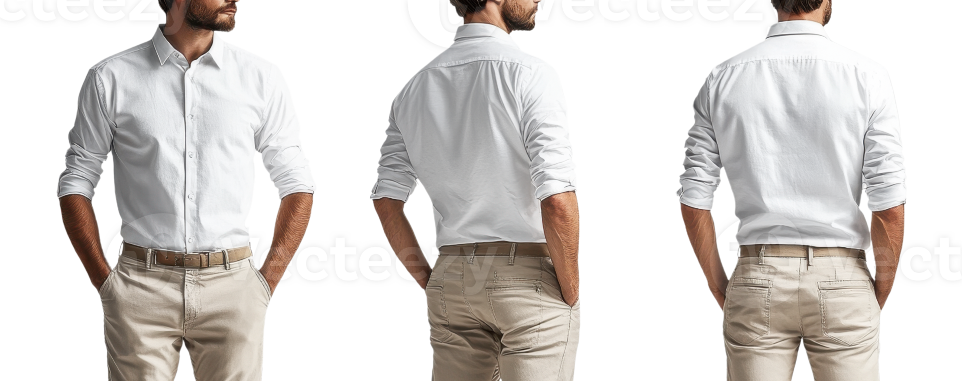 man wearing white button up shirt and beige pants, showcasing different angles png