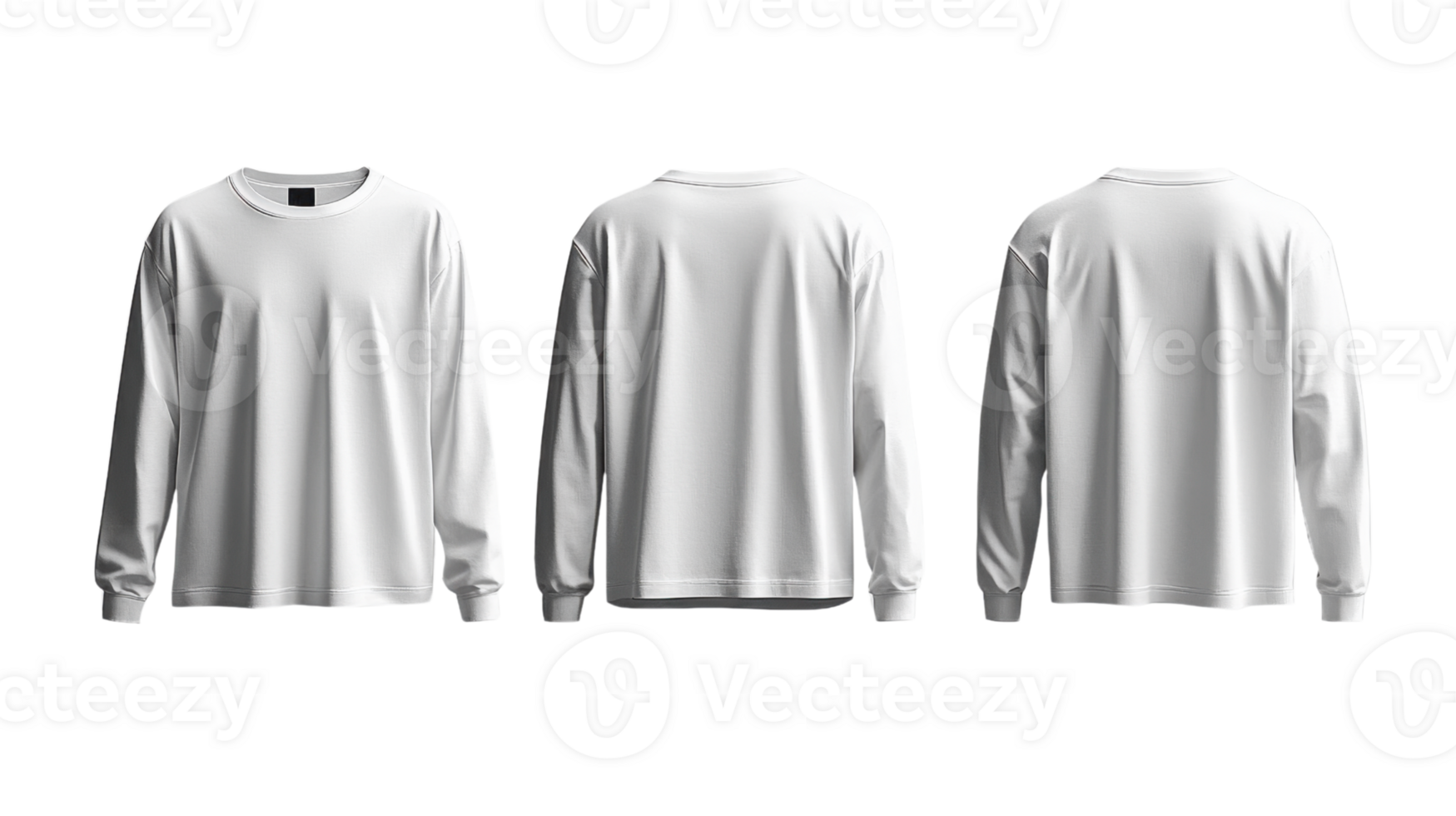 White long sleeve shirt displayed from front, back, and side views, showcasing its simple design and versatility png