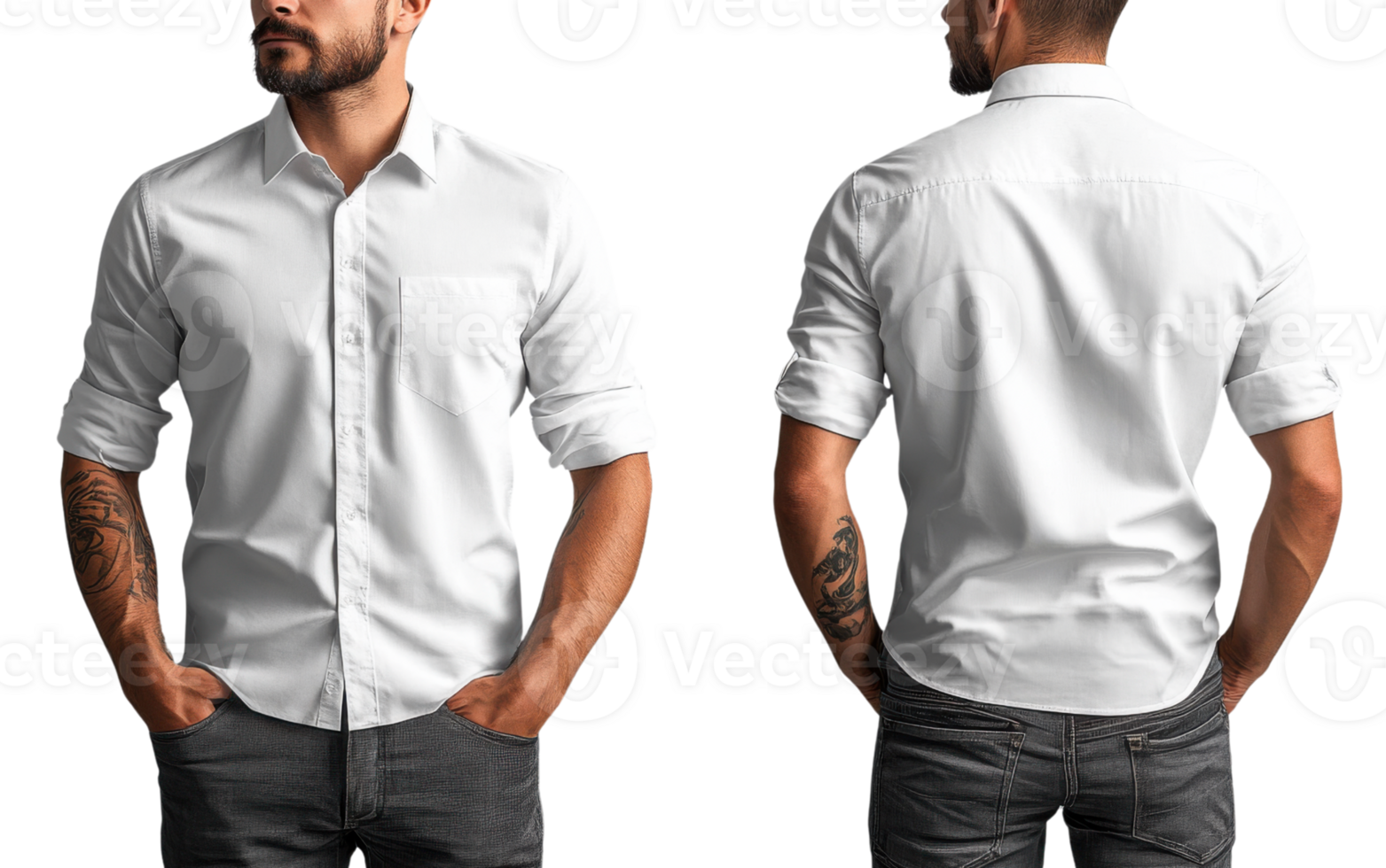 stylish white shirt for men, featuring pocket and rolled sleeves, perfect for casual or formal occasions png