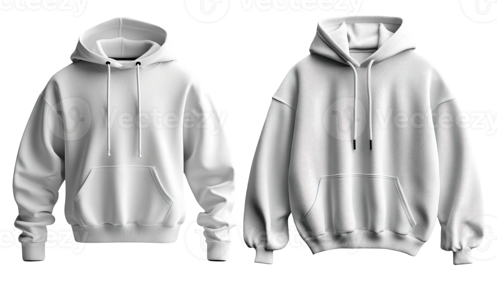 White hoodies displayed in front view, showcasing different styles and designs png