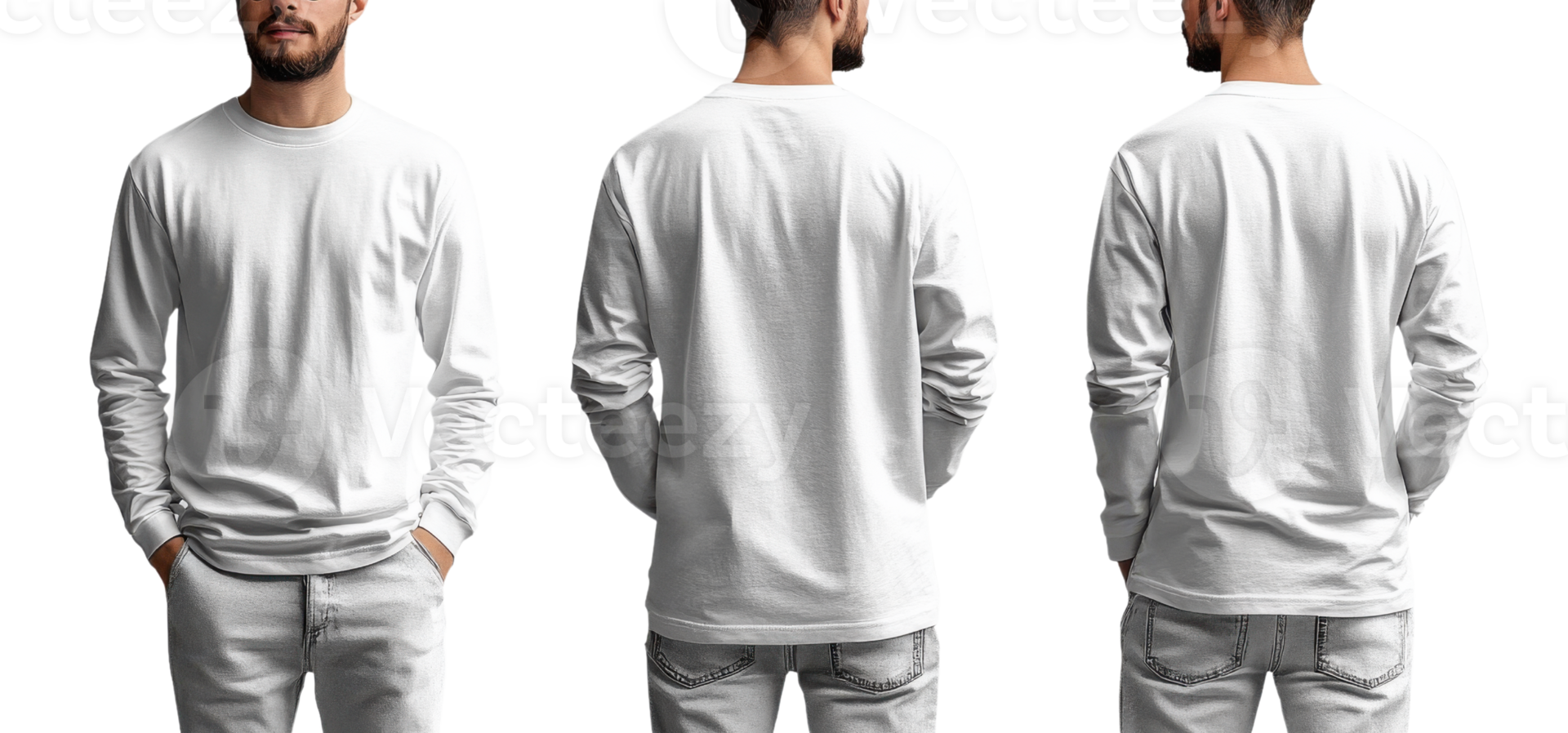 man wearing plain white long sleeve shirt, showcasing front, back, and side views png