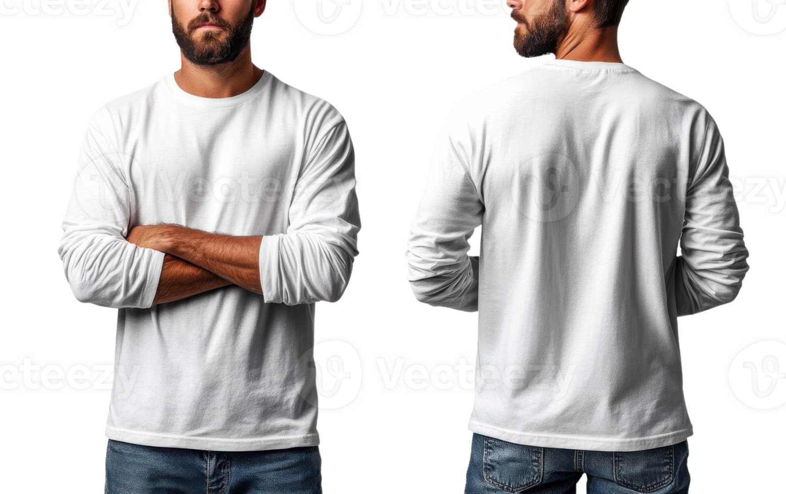 man wearing plain white long sleeve shirt, showcasing front and back views png