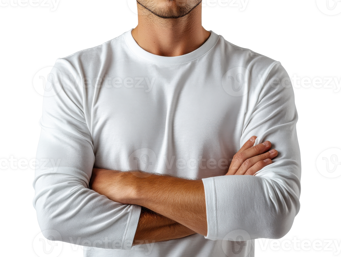 man in white long sleeve shirt with crossed arms, exuding confidence and calmness png