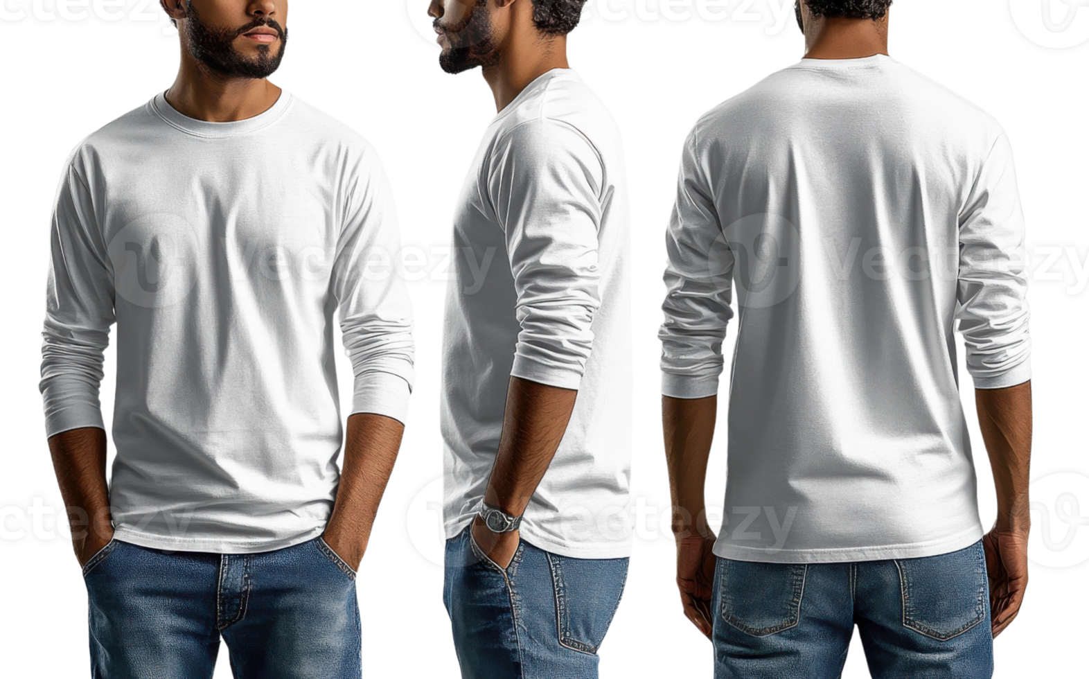 man wearing long sleeve white shirt, viewed from front, side, and back, showcasing casual style png