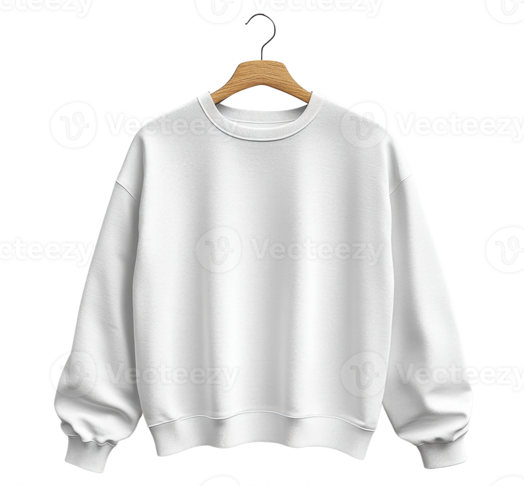 plain white sweatshirt hanging on wooden hanger, showcasing simple and clean design png