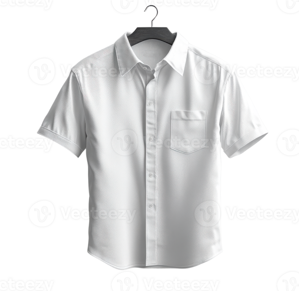 White short sleeve shirt with pocket, hanging on hook, perfect for casual wear png
