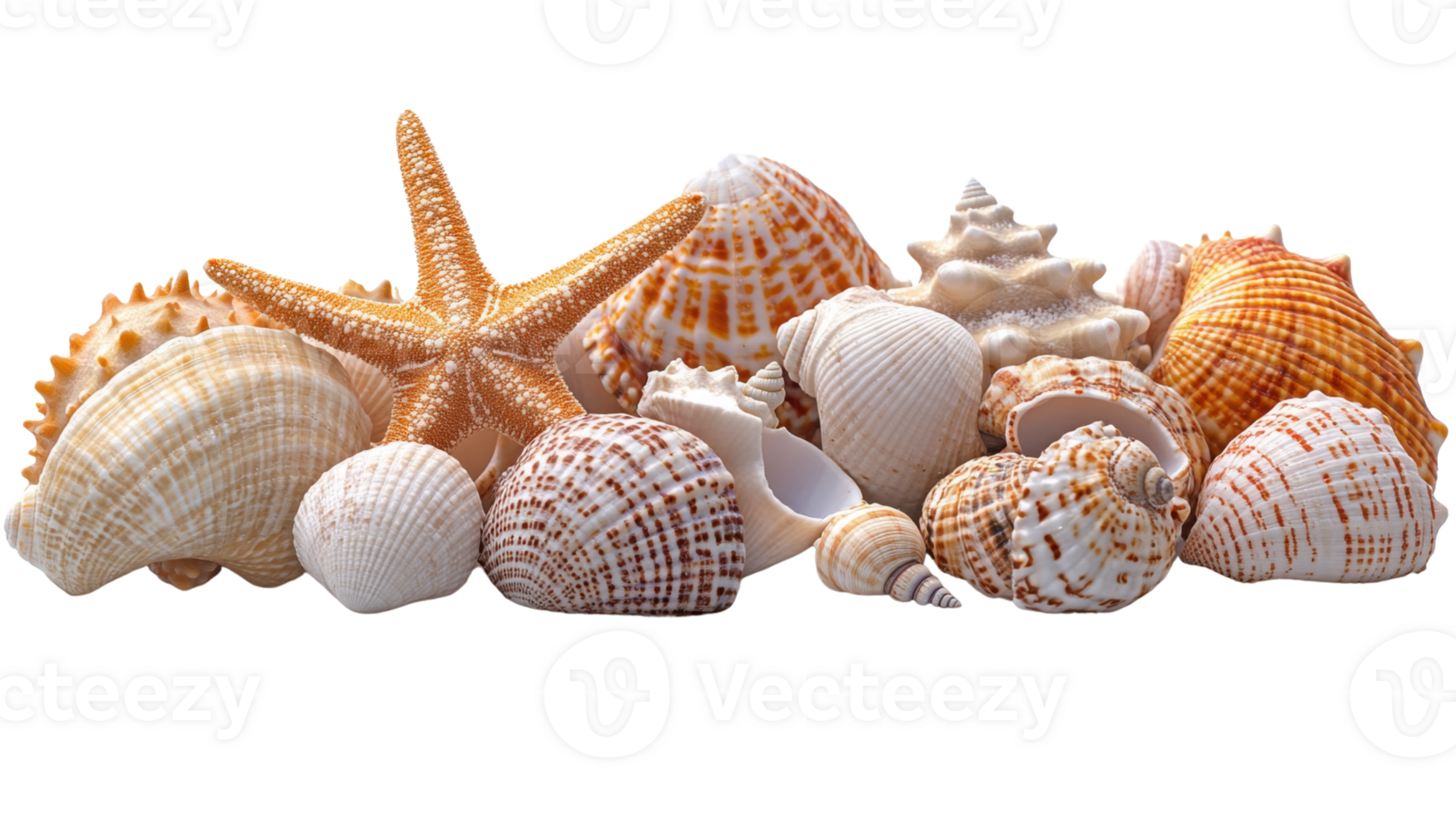 Seashells and starfish collection on transparency background, showcasing various shapes and textures png