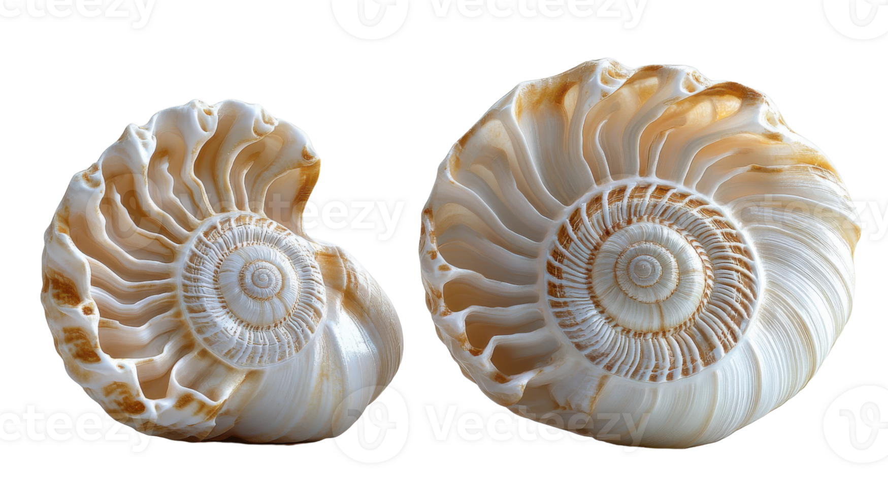Beautiful nautilus shells with intricate spiral patterns and smooth surfaces png