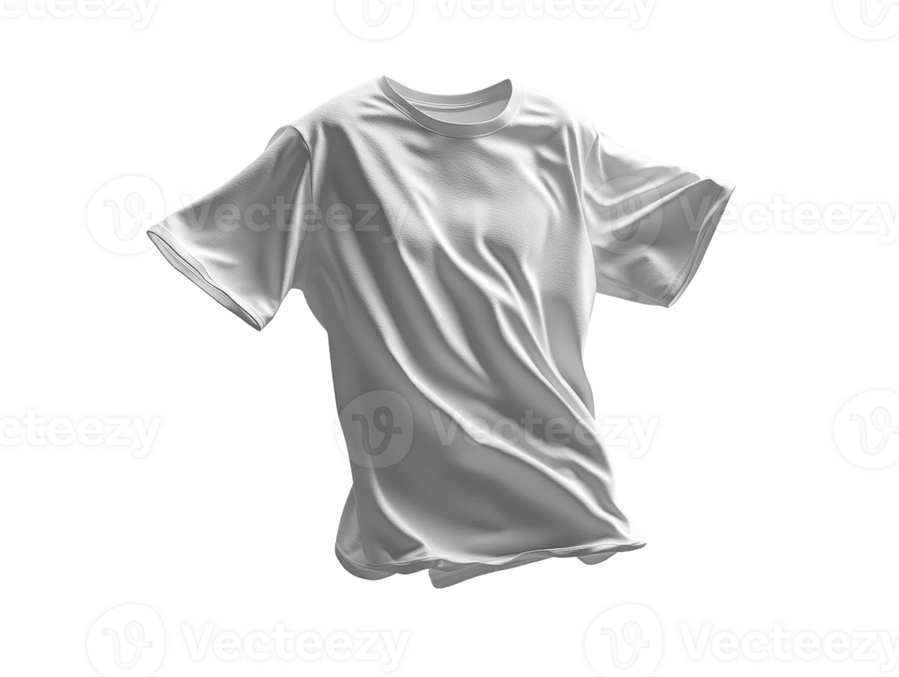 plain white t shirt displayed in dynamic pose, showcasing its fabric texture and drape png
