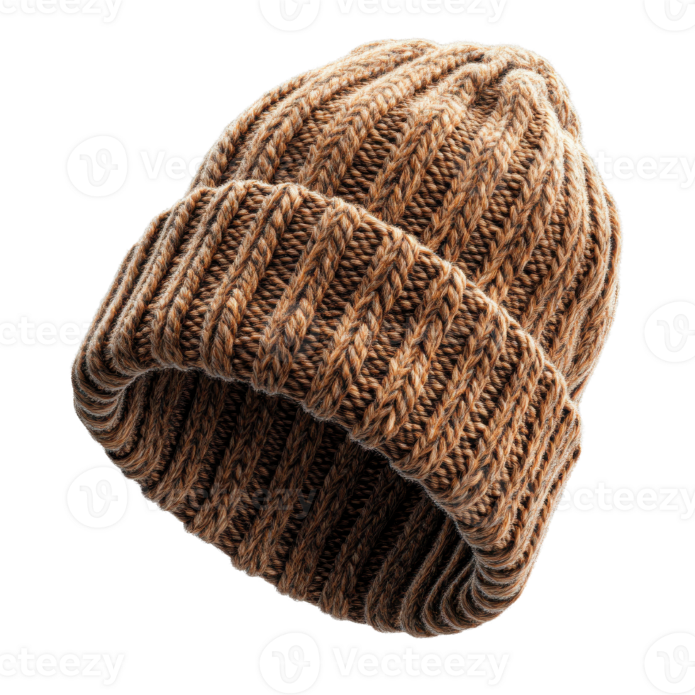 Knitted brown beanie hat with ribbed texture, perfect for winter wear png