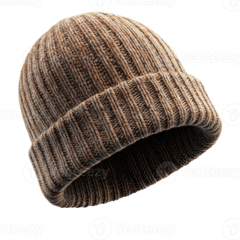 Knitted brown beanie hat with ribbed texture, perfect for winter wear. png