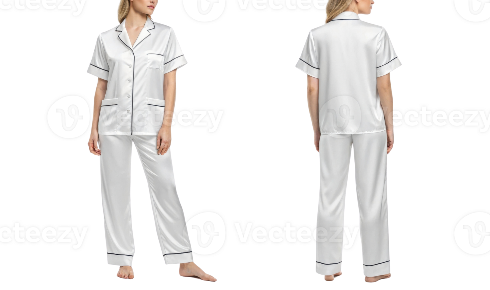 Elegant white pajama set with black trim, perfect for comfort and style png