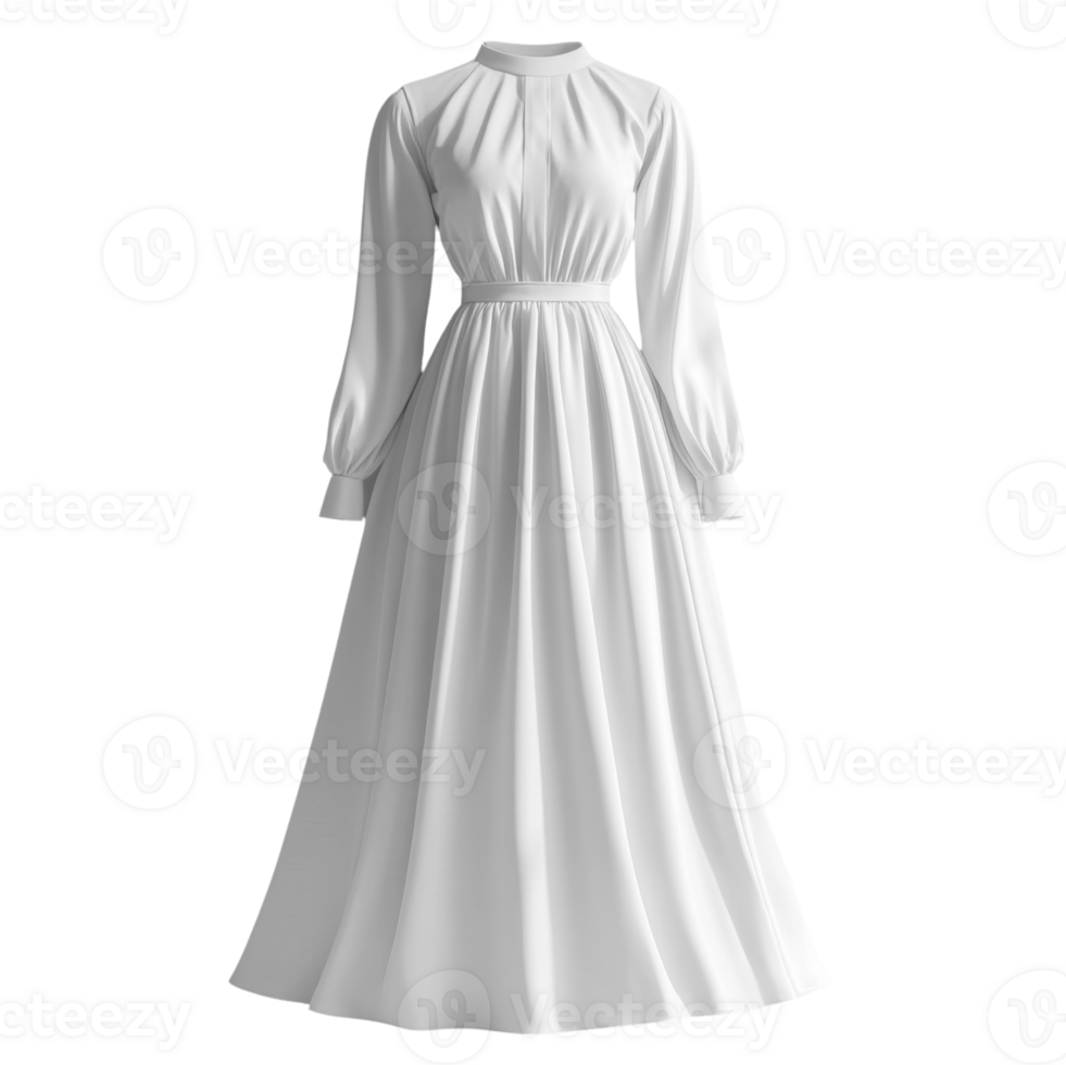 Elegant white dress with long sleeves and flowing skirt, perfect for formal occasions png