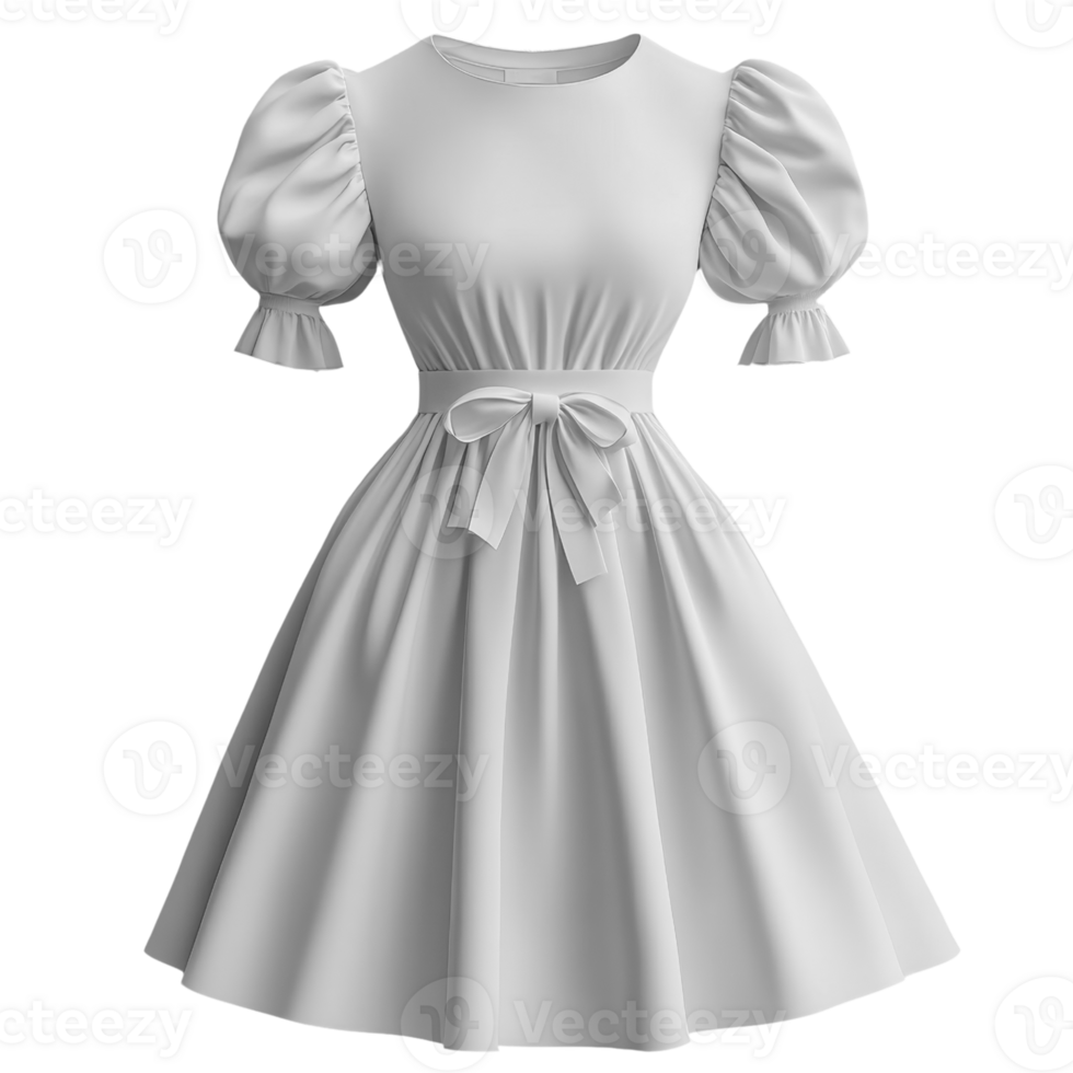 stylish white dress with puff sleeves and bow, perfect for any occasion png
