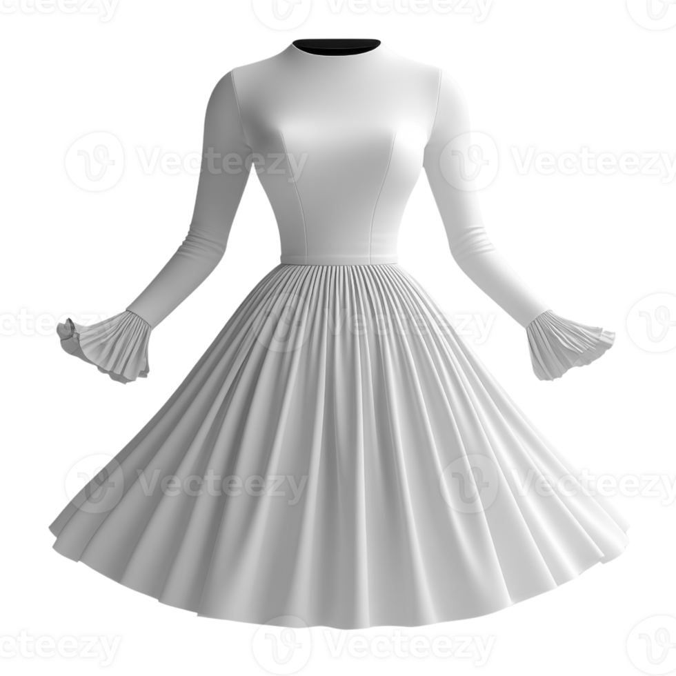 stylish white dress with long sleeves and pleated skirt, perfect for elegant occasions png