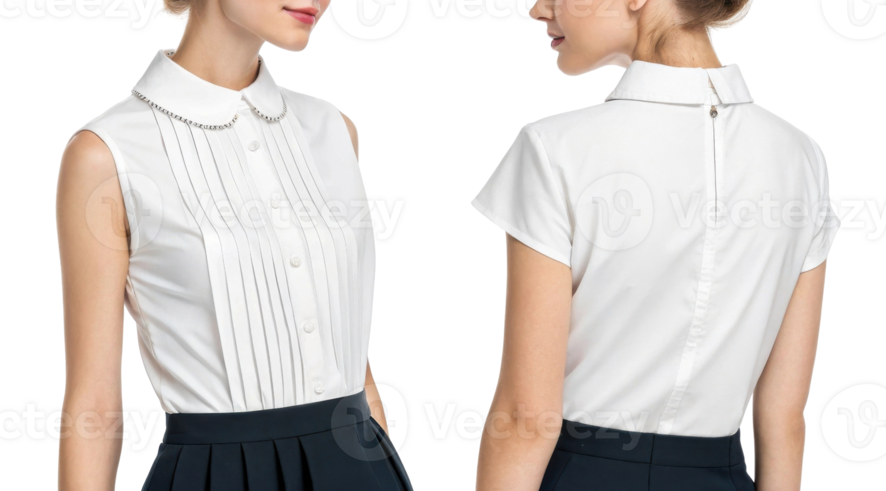 Elegant white sleeveless blouse with pleats and collar detail, perfect for formal occasions png