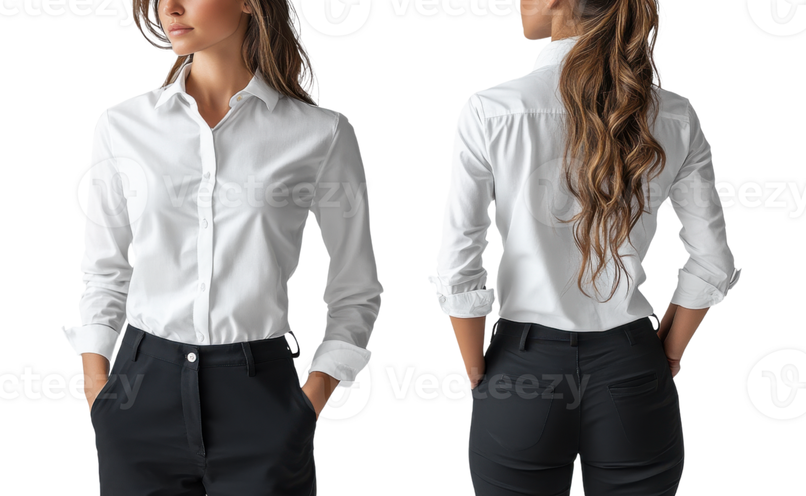 stylish woman in white shirt, showcasing front and back views, exuding confidence png