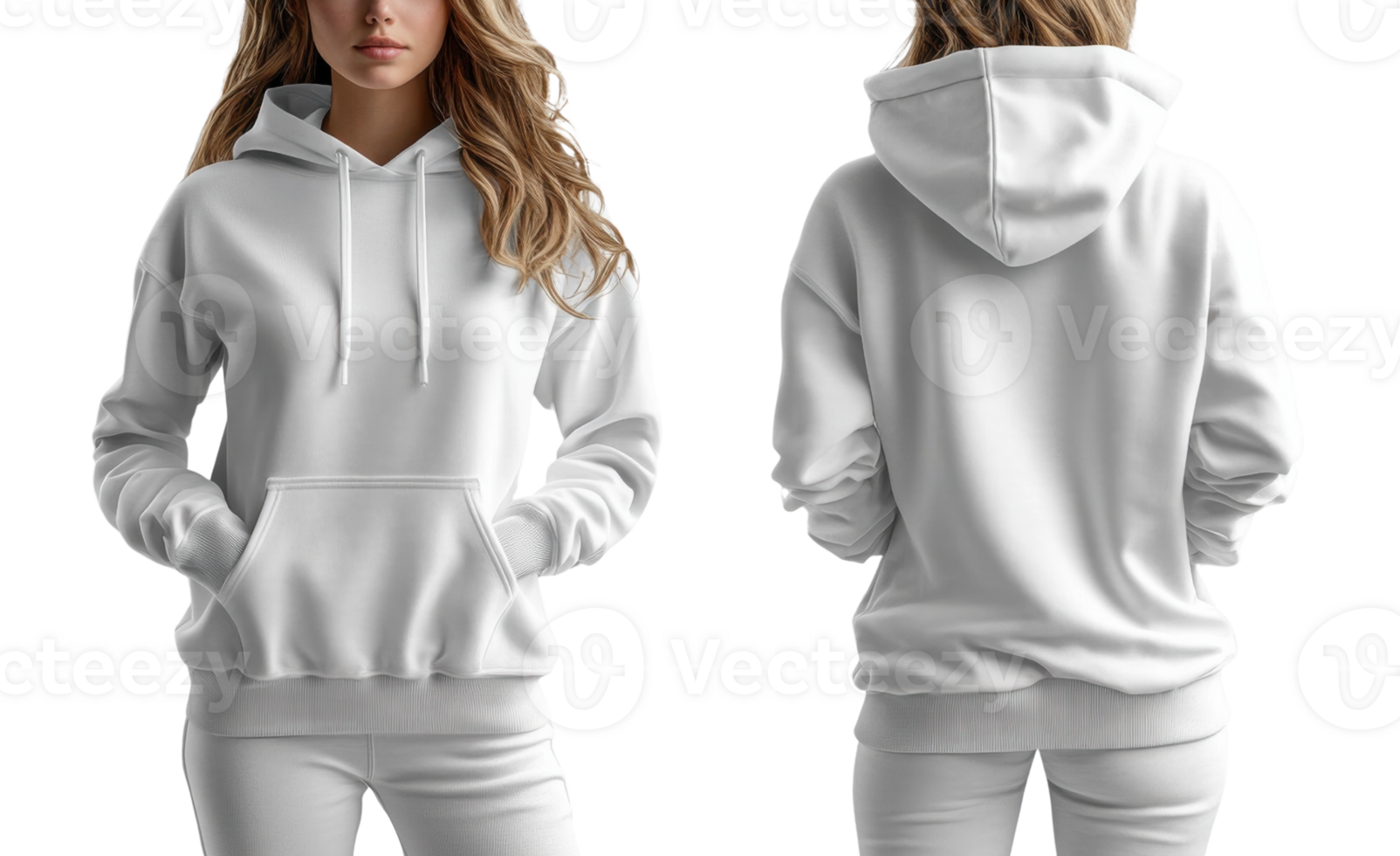 woman wearing white hoodie from front and back, showcasing casual style png