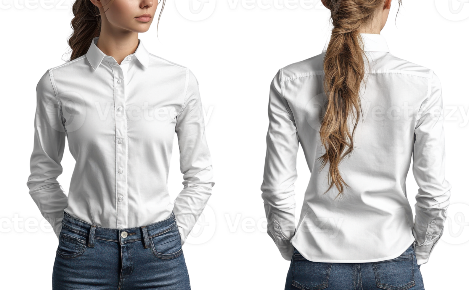 woman in white button up shirt and blue jeans, showcasing front and back views png