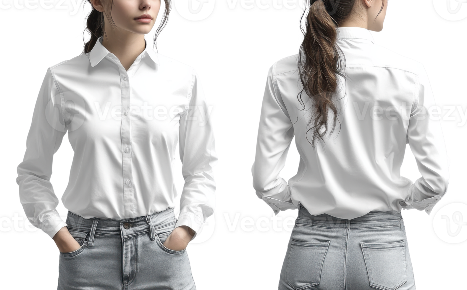 woman in white button up shirt and jeans, showcasing front and back views png