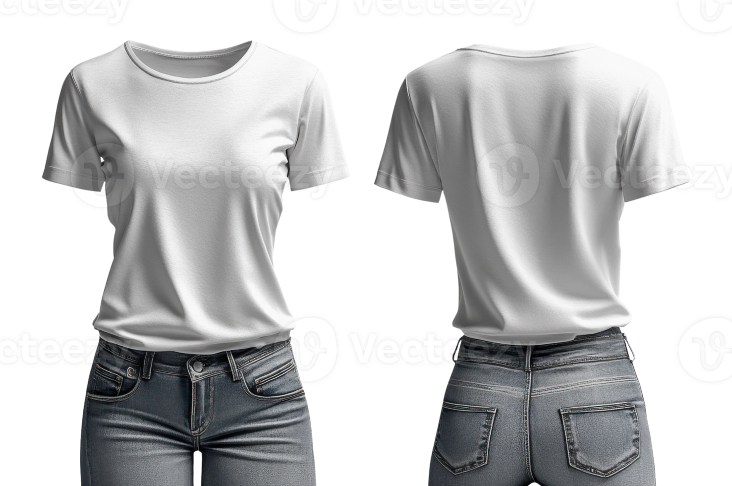 plain white t shirt displayed from front and back, paired with blue jeans, showcasing casual style png
