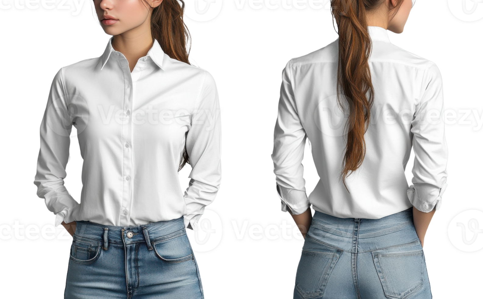 stylish woman wearing white button up shirt and blue jeans, showcasing modern look png