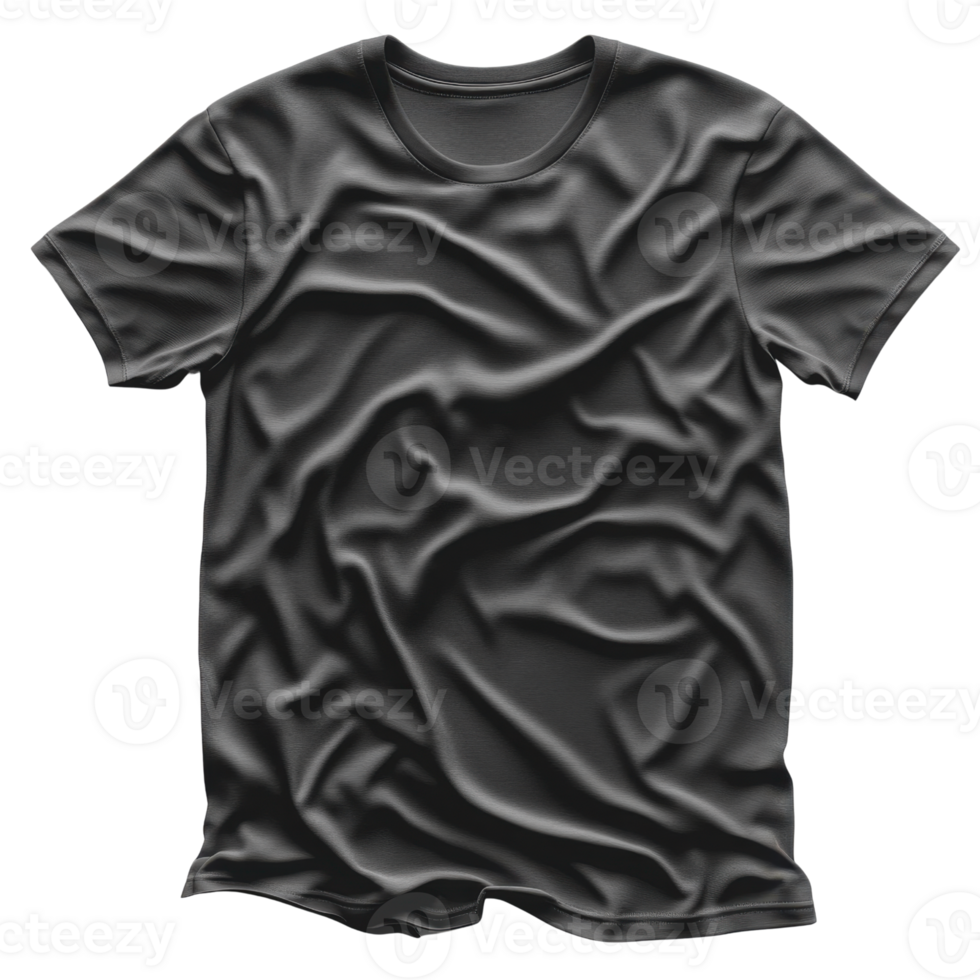 wrinkled black t shirt displayed on transparent background, showcasing its texture and fabric png