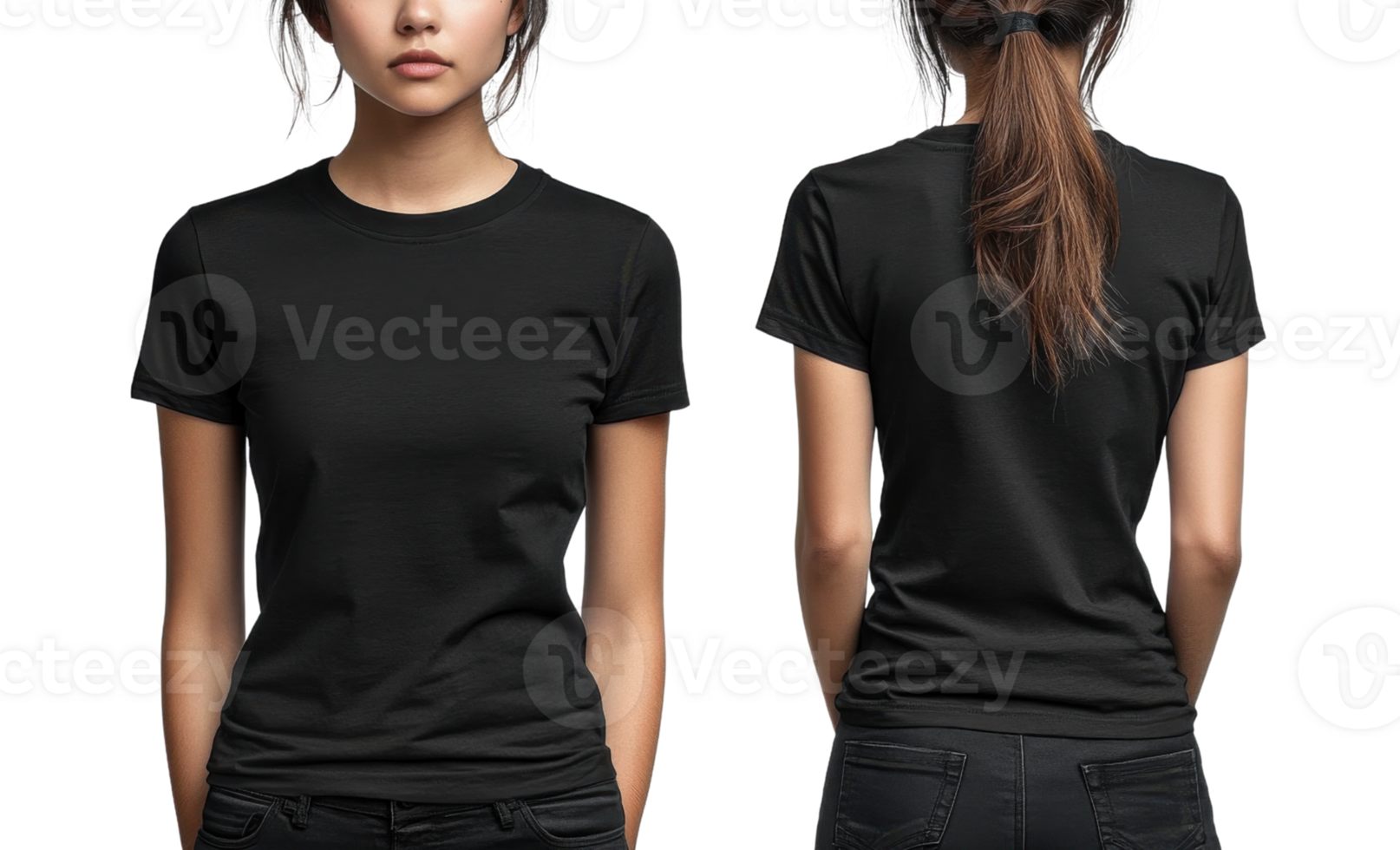 Set of Black t shirt mockup on female model, front and back view, casual style png