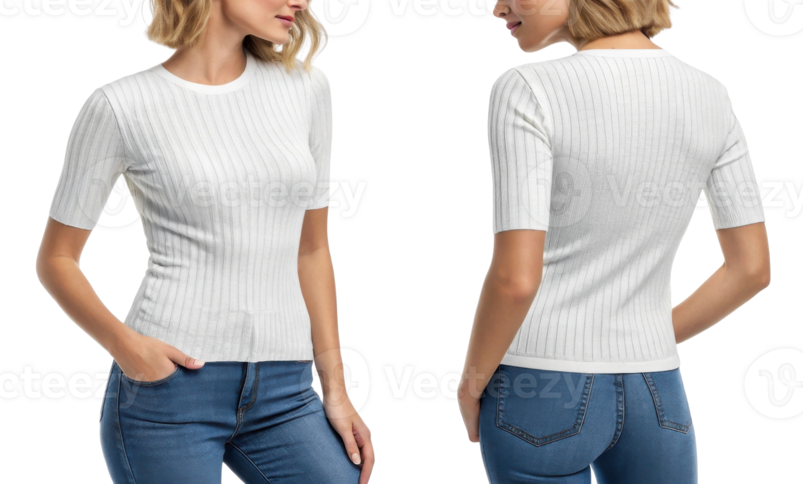 stylish white ribbed top with short sleeves, paired with blue jeans, showcasing modern look png