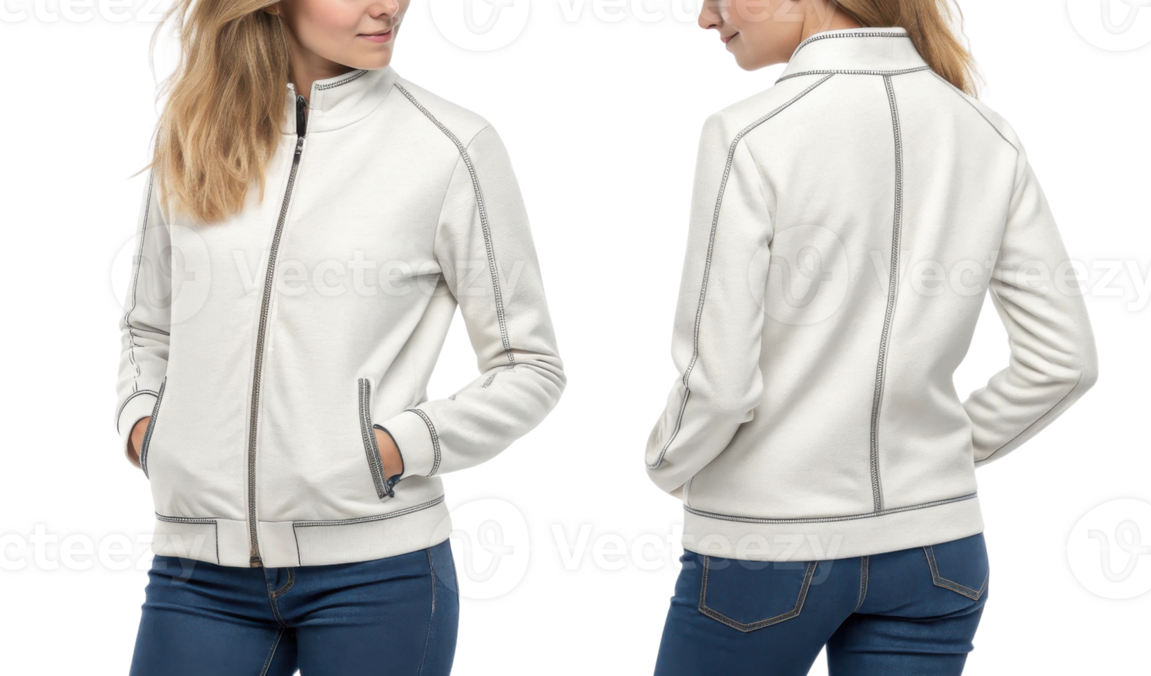stylish white jacket with modern design, featuring zip closure and side pockets, perfect for casual wear png