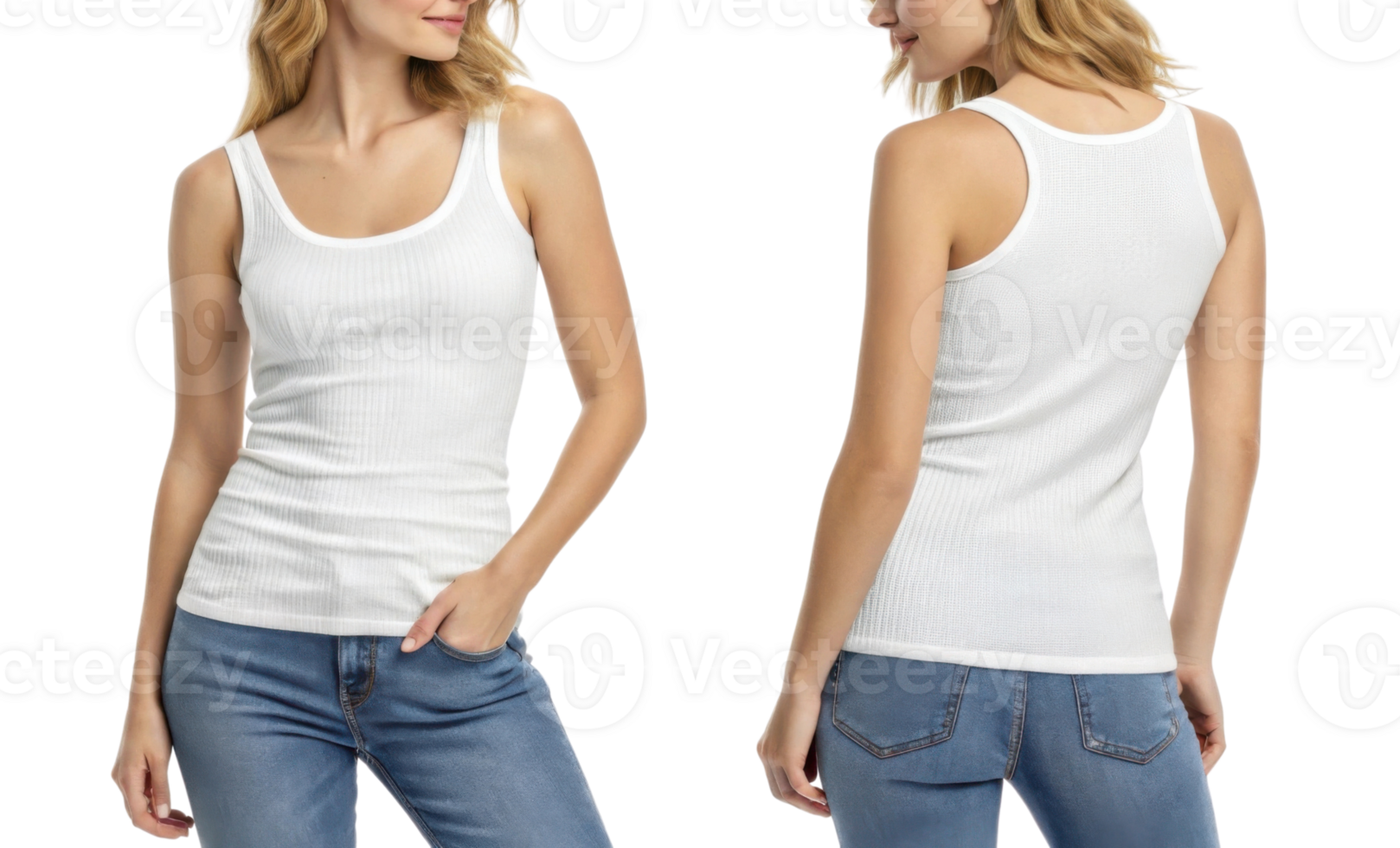 woman is wearing white ribbed tank top paired with blue jeans, showcasing casual style from both front and back views png