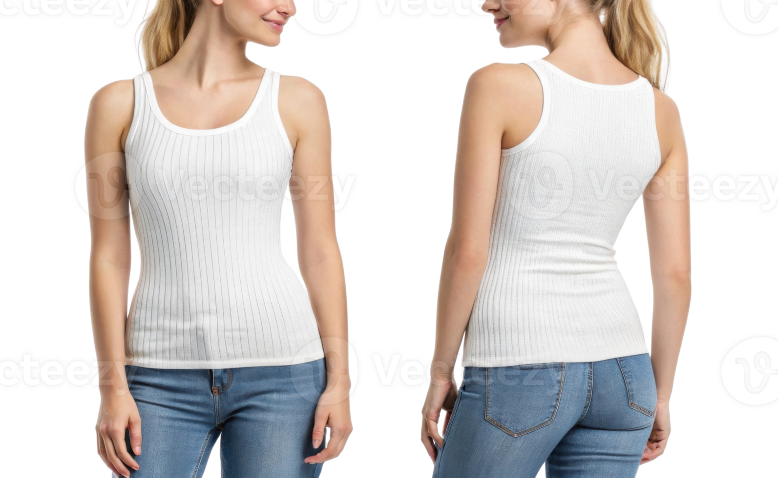 woman wearing white ribbed tank top and blue jeans, showcasing front and back views png