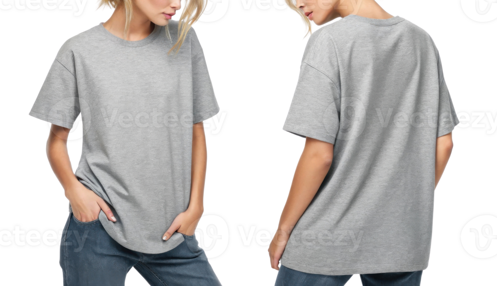 Casual gray t shirt on model, showcasing front and back views, stylish and comfortable png